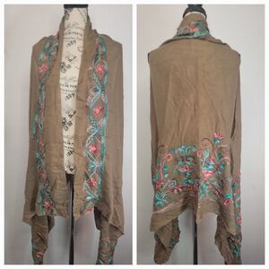 Pretty Angel Kimono Cardigan One Size Linen Blend Floral Embroidered Asymmetric